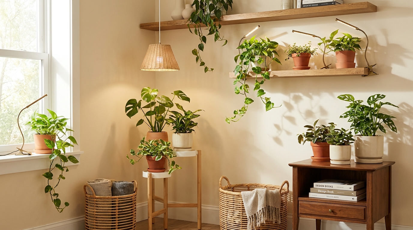 best grow lights for indoor plants under 50 — editorial home decor styled scene with natural daylight and renter-friendly setup