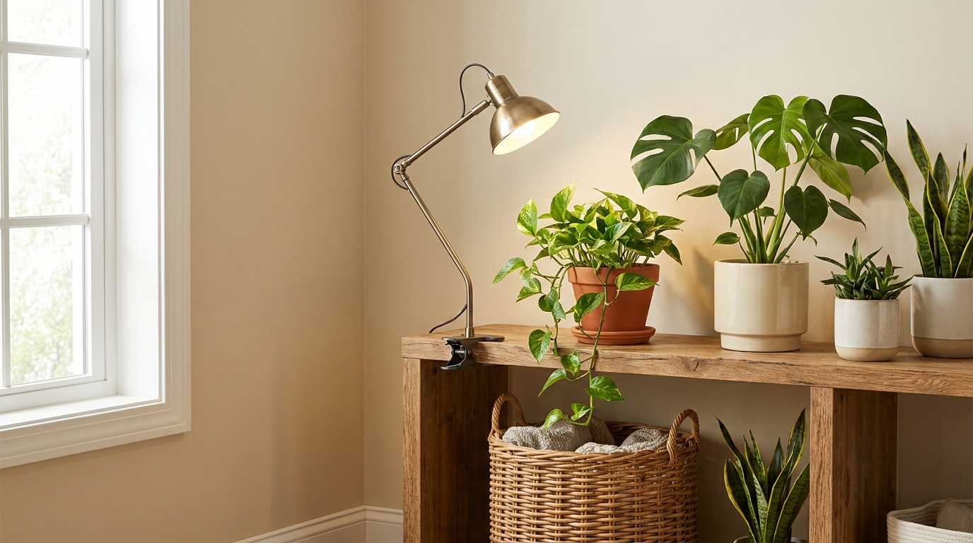 best grow lights for indoor plants under 50 — editorial home decor styled scene with natural daylight and renter-friendly setup