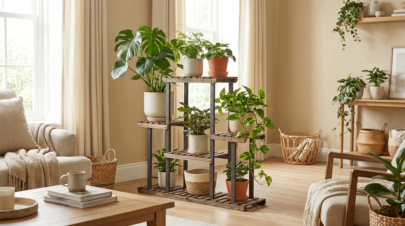 Best indoor plant stands under 100 tiered wood and metal collection arranged in a bright living room with monstera and trailing pothos