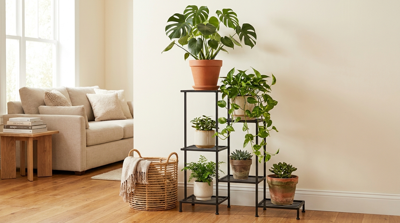Styled plant stand corner with monstera and trailing pothos on a multi-level black metal corner stand against a white wall