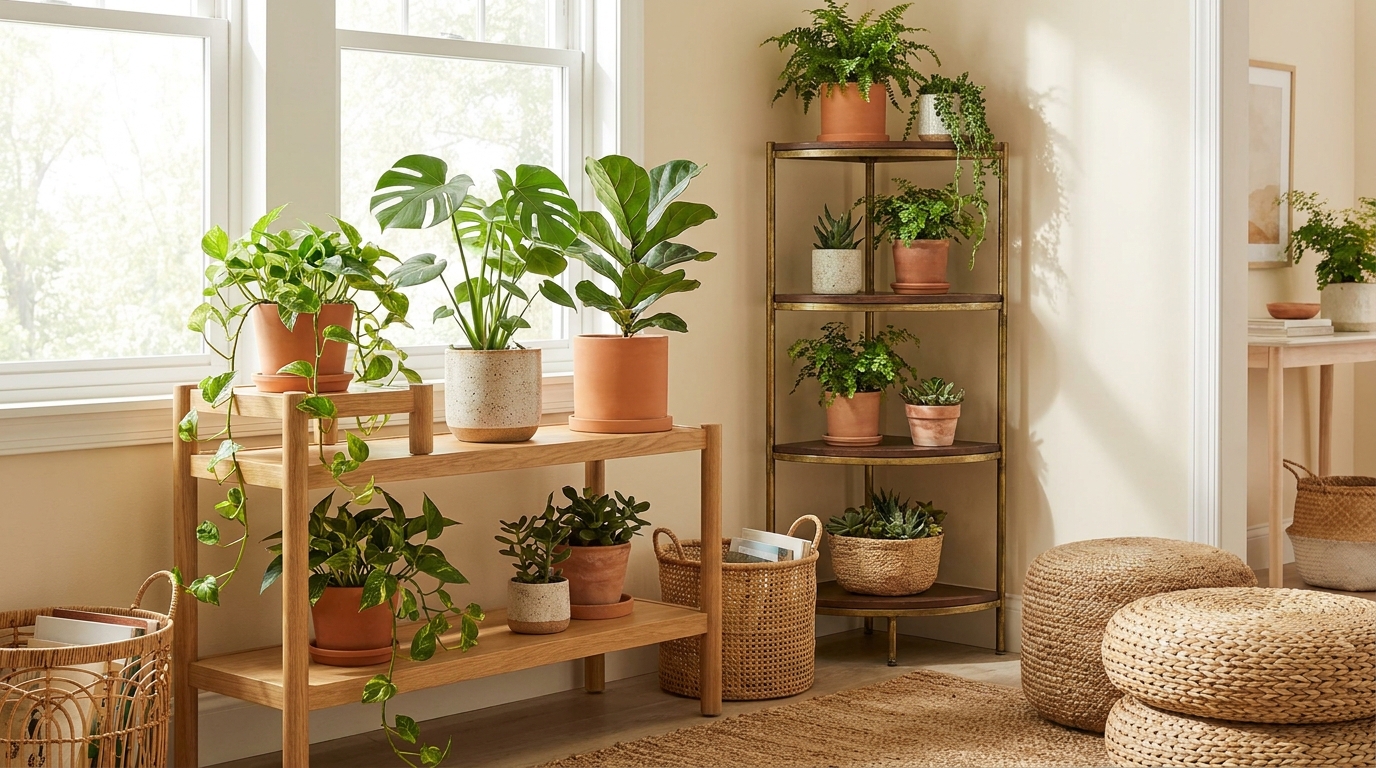 best indoor plant stands under 100 — editorial home decor styled scene with natural daylight and renter-friendly setup