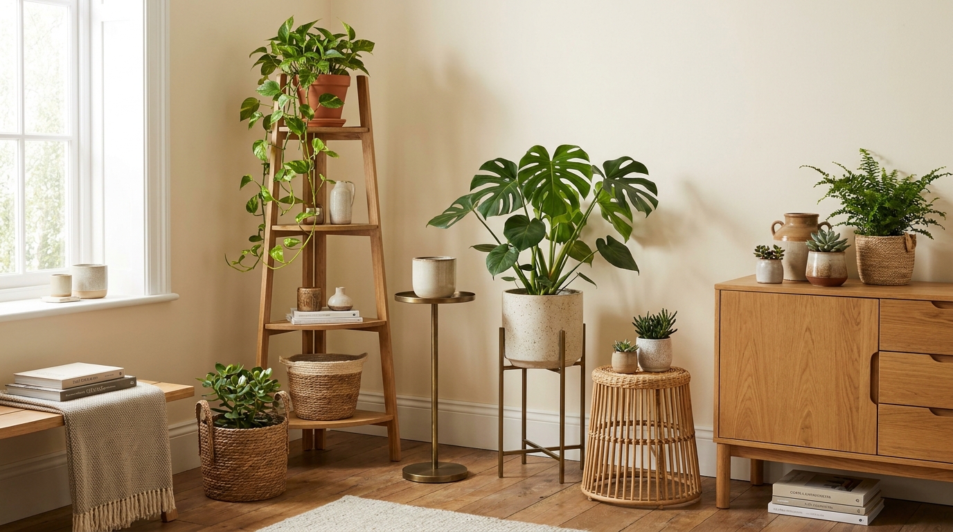 best indoor plant stands under 100 — editorial home decor styled scene with natural daylight and renter-friendly setup