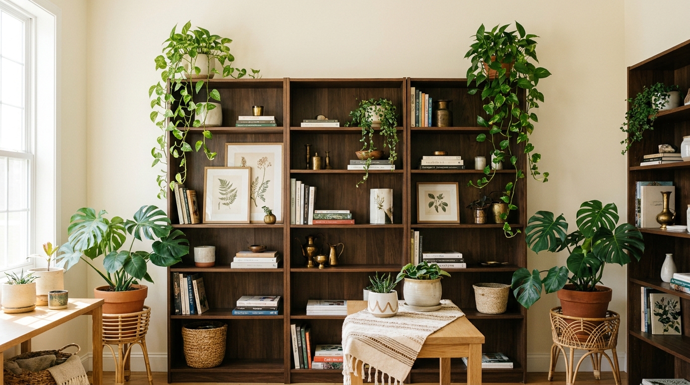 Bookcase indoor plant styling with trailing pothos and ceramic pots on dark wood shelves with framed art and books