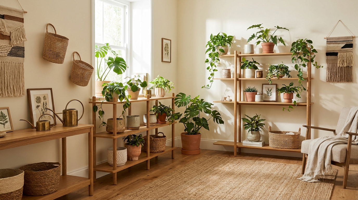 indoor plant shelfie ideas — editorial home decor styled scene with natural daylight and renter-friendly setup