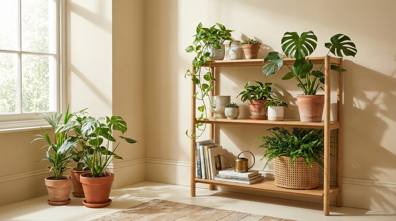 indoor plant shelfie ideas — editorial home decor styled scene with natural daylight and renter-friendly setup