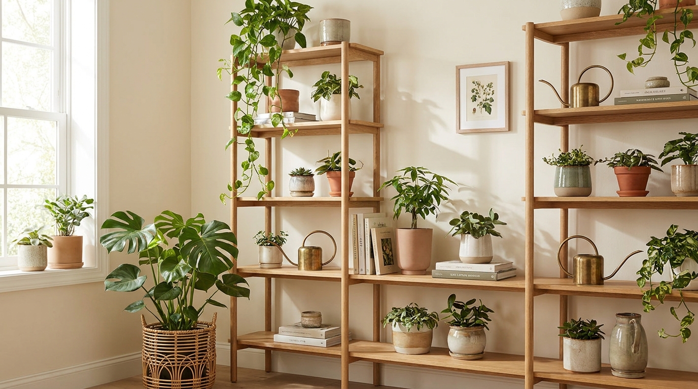 indoor plant shelfie ideas — editorial home decor styled scene with natural daylight and renter-friendly setup