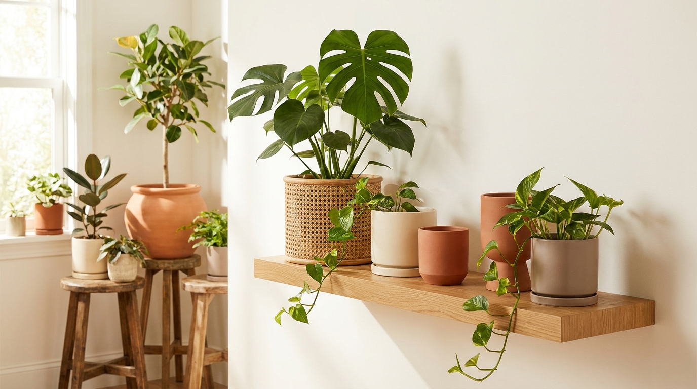Styled indoor plant pots on shelf with pothos and monstera in rattan baskets and ceramic pots against a warm white wall