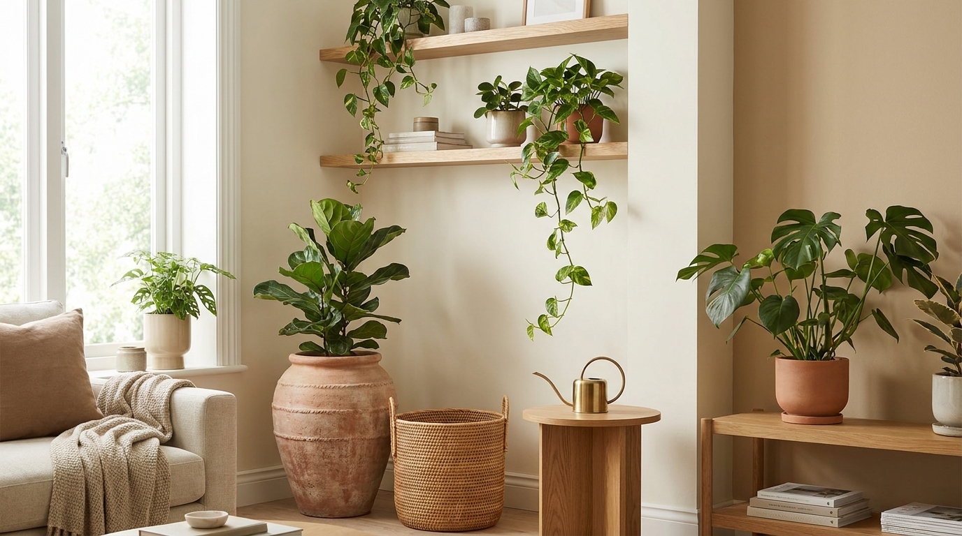 best indoor plant pots under 50 — editorial home decor styled scene with natural daylight and renter-friendly setup
