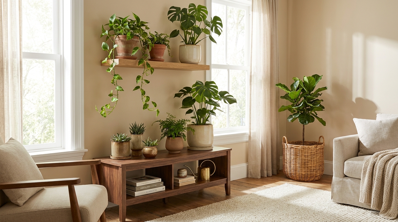 indoor plant placement — editorial home decor styled scene with natural daylight and renter-friendly setup