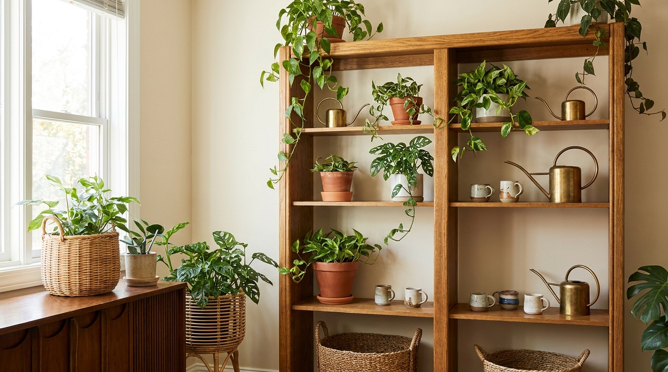 indoor plant placement — editorial home decor styled scene with natural daylight and renter-friendly setup