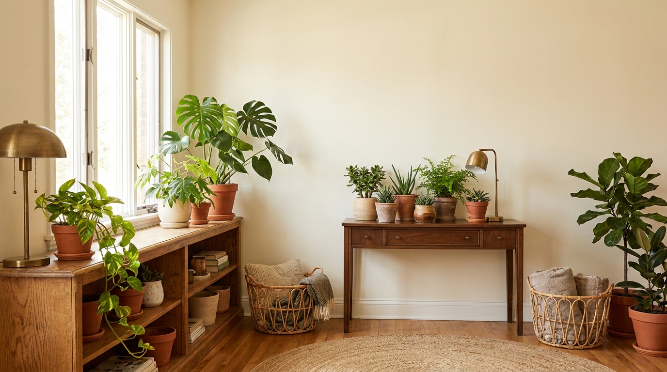 indoor plant placement — editorial home decor styled scene with natural daylight and renter-friendly setup