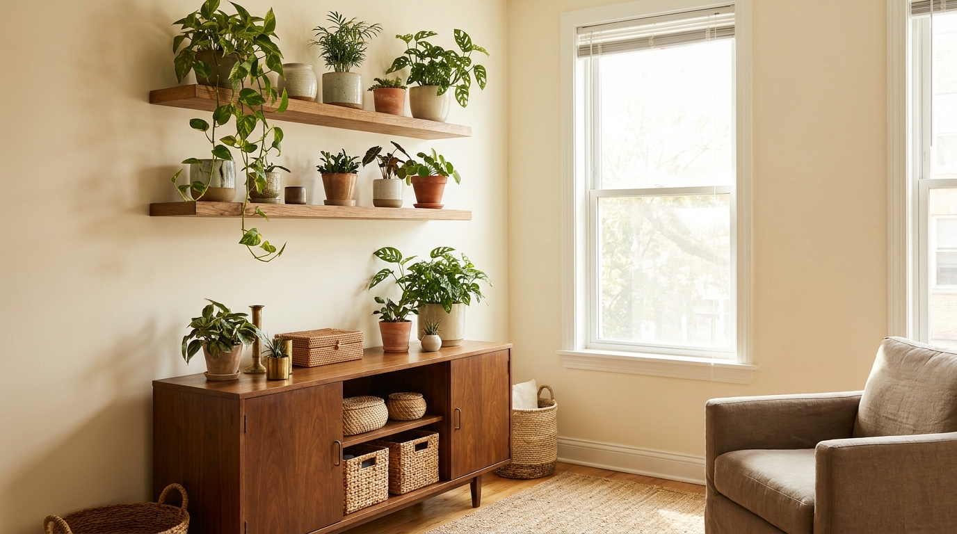 indoor plant placement — editorial home decor styled scene with natural daylight and renter-friendly setup
