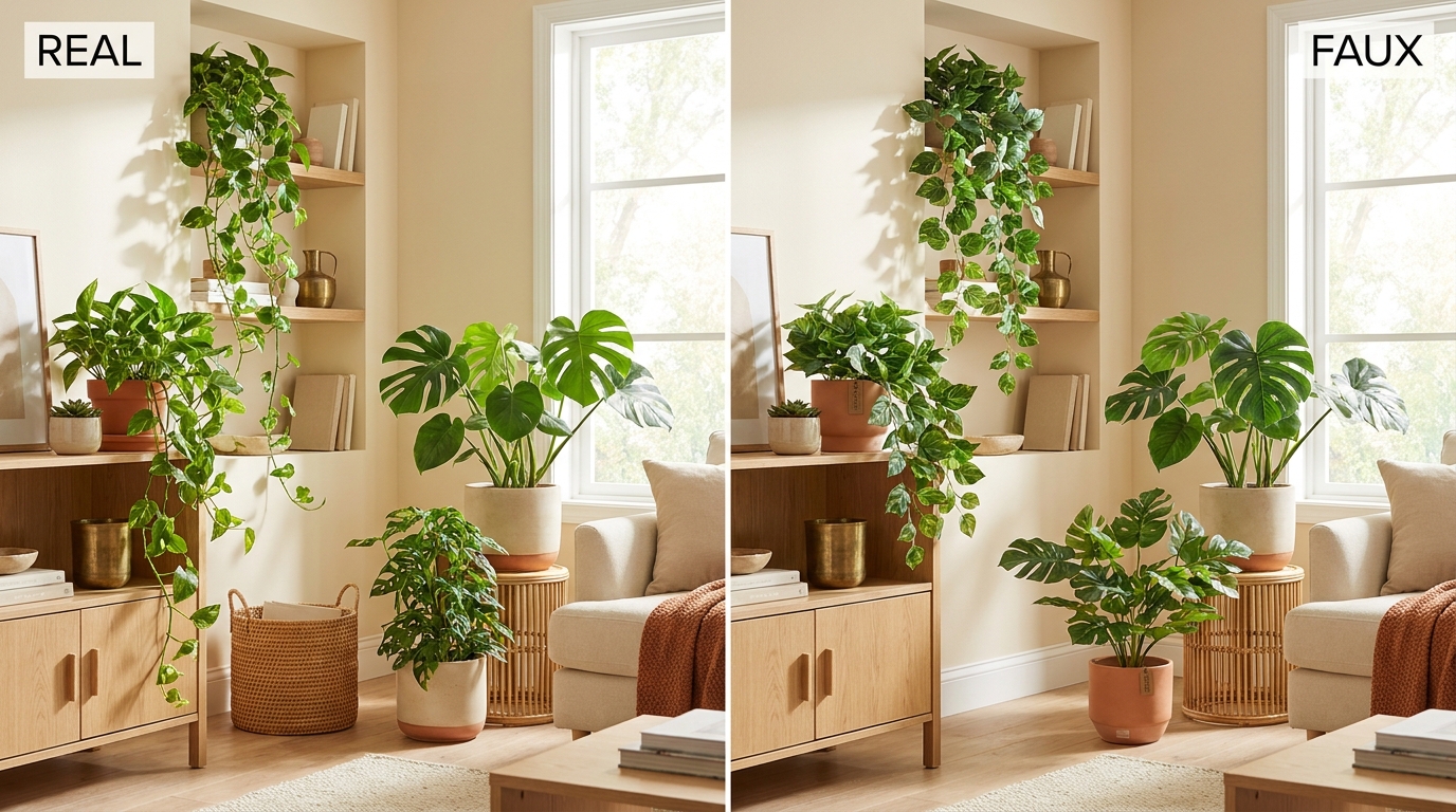 Real plants vs faux plants living room comparison
