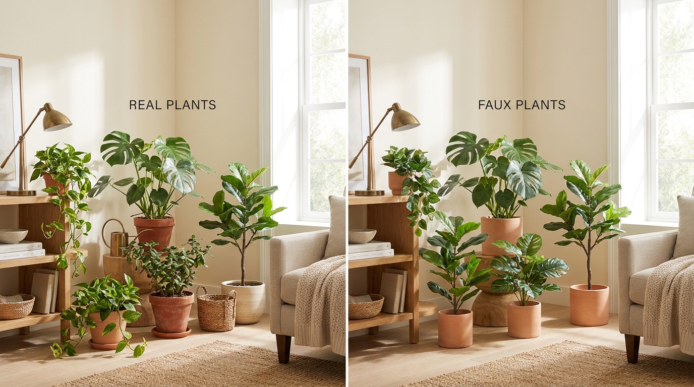 real plants vs faux plants home decor — editorial home decor styled scene with natural daylight and renter-friendly setup