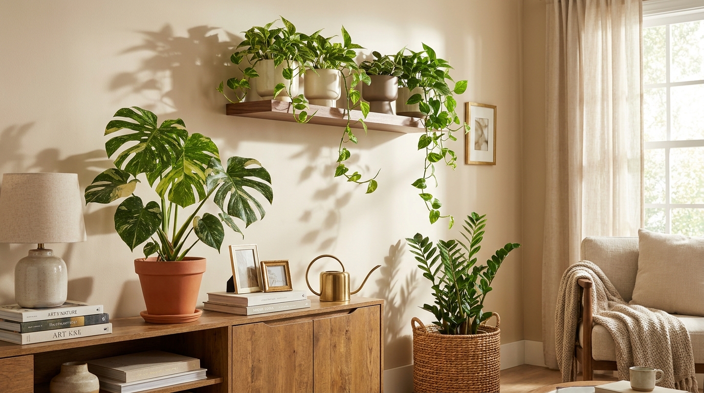 low maintenance indoor plants — editorial home decor styled scene with natural daylight and renter-friendly setup