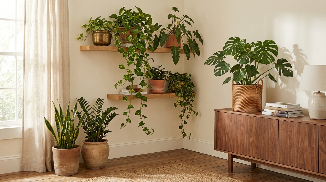 low maintenance indoor plants — editorial home decor styled scene with natural daylight and renter-friendly setup