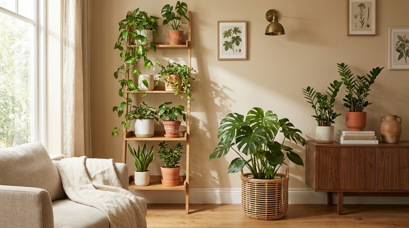 low maintenance indoor plants — editorial home decor styled scene with natural daylight and renter-friendly setup