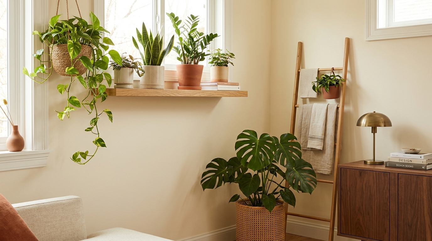low maintenance indoor plants — editorial home decor styled scene with natural daylight and renter-friendly setup