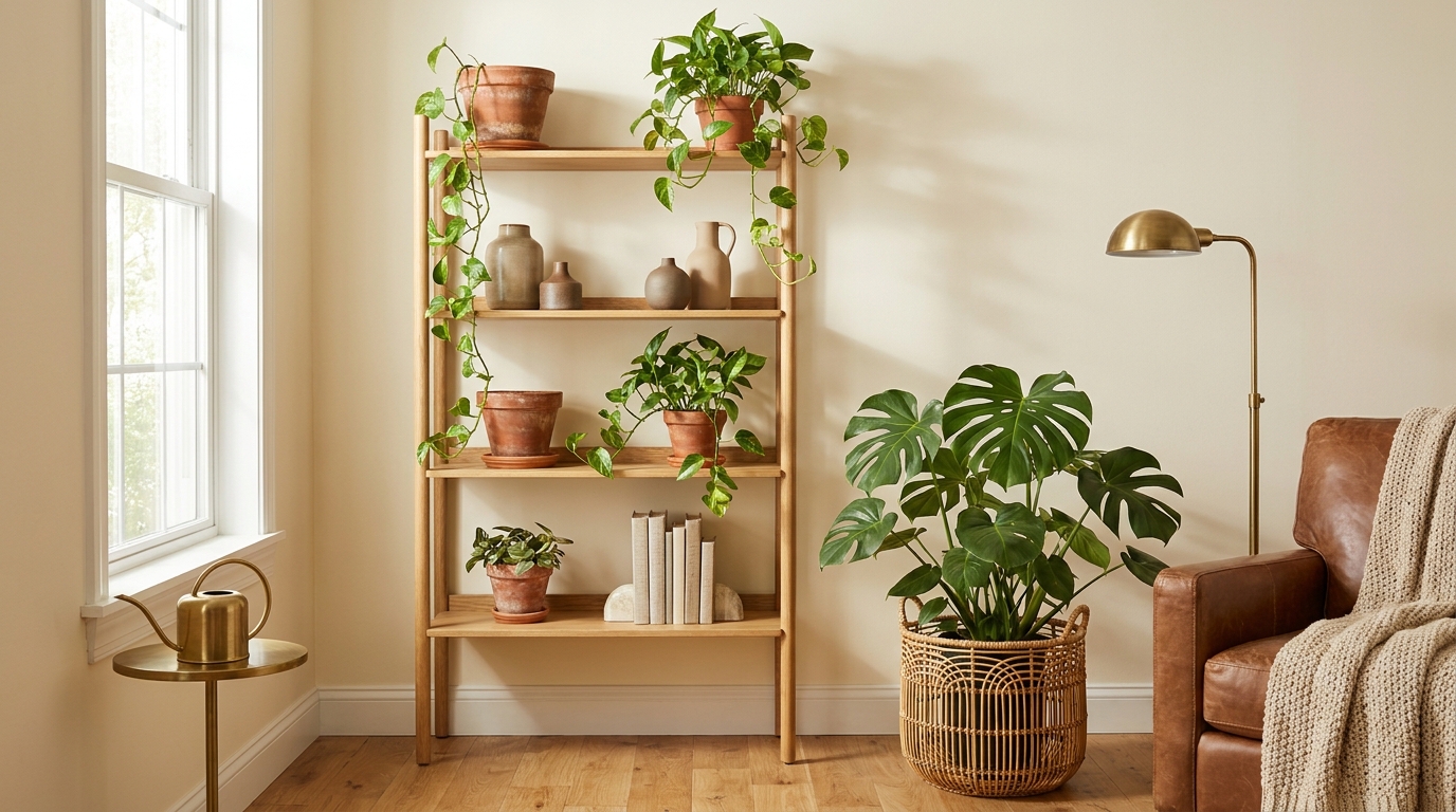 how to style indoor plants — editorial home decor styled scene with natural daylight and renter-friendly setup