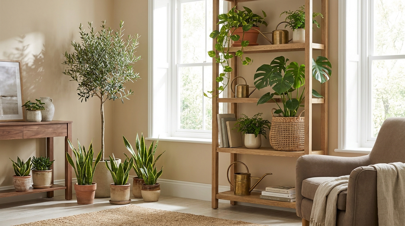 how to style indoor plants — editorial home decor styled scene with natural daylight and renter-friendly setup