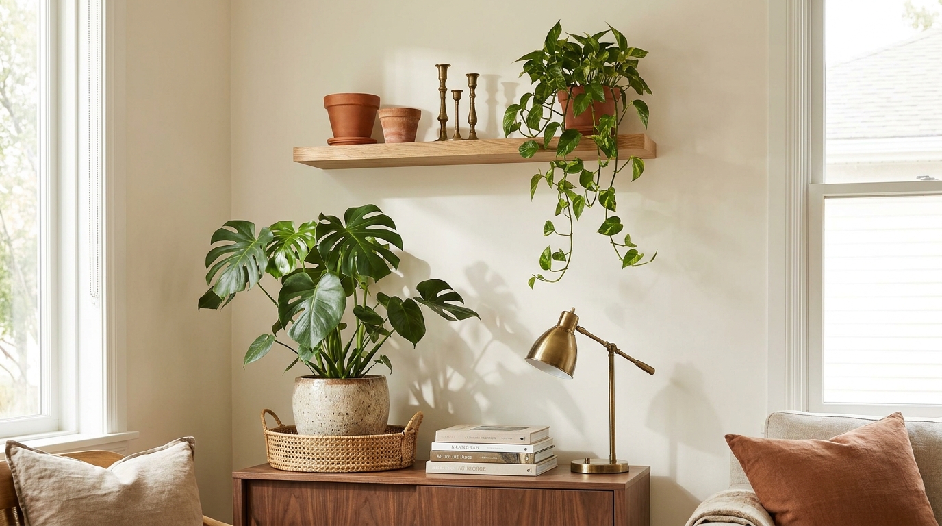 how to style indoor plants — editorial home decor styled scene with natural daylight and renter-friendly setup