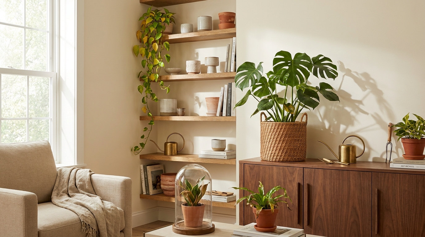 indoor plant care mistakes — editorial home decor styled scene with natural daylight and renter-friendly setup
