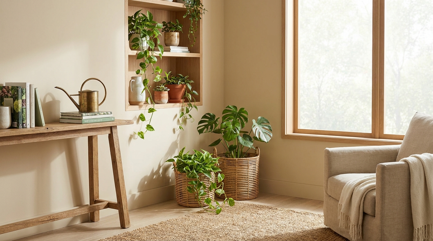 indoor plant care mistakes — editorial home decor styled scene with natural daylight and renter-friendly setup