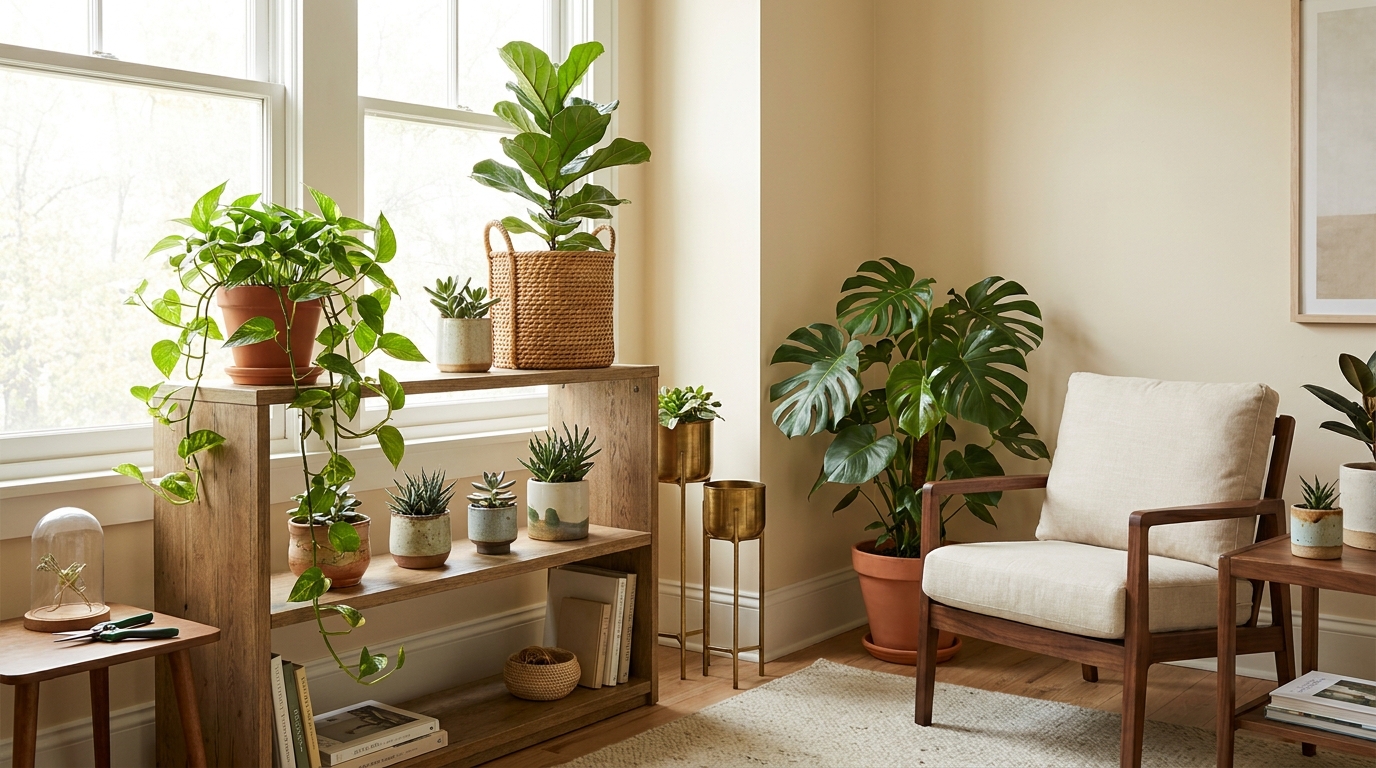 indoor plant care mistakes — editorial home decor styled scene with natural daylight and renter-friendly setup