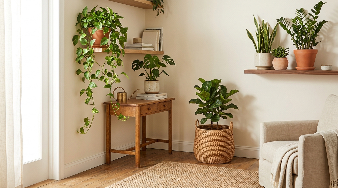 best indoor plants — editorial home decor styled scene with natural daylight and renter-friendly setup