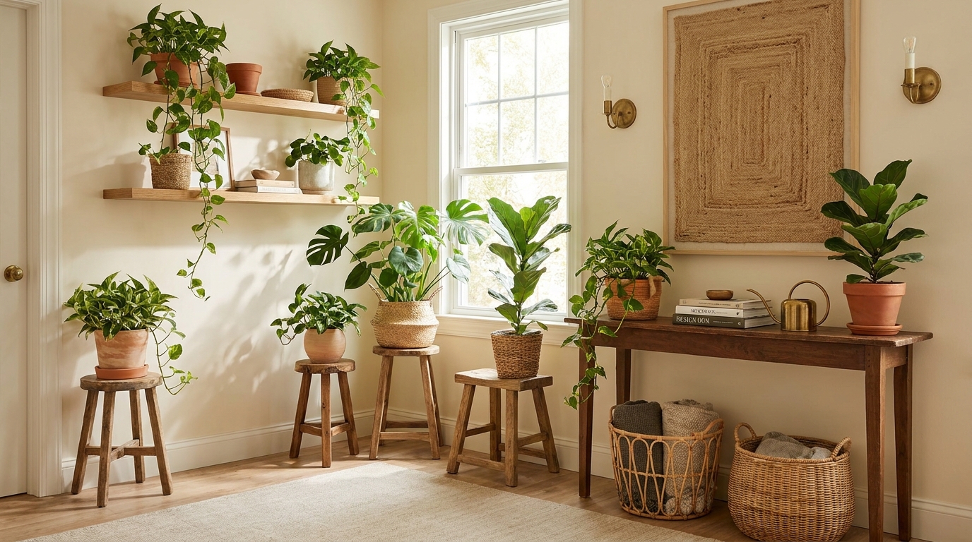 indoor plants home decor budget — editorial home decor styled scene with natural daylight and renter-friendly setup
