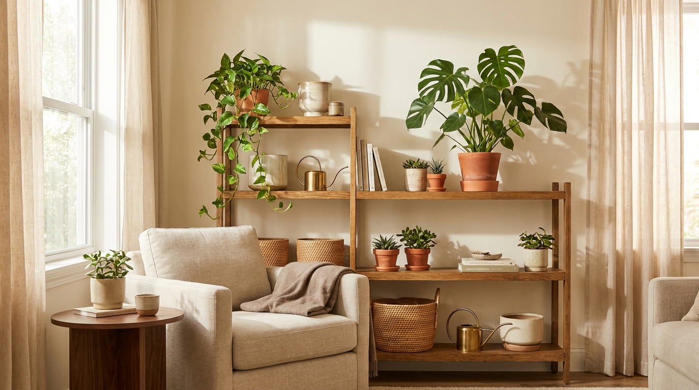 indoor plants for home decor — editorial home decor styled scene with natural daylight and renter-friendly setup