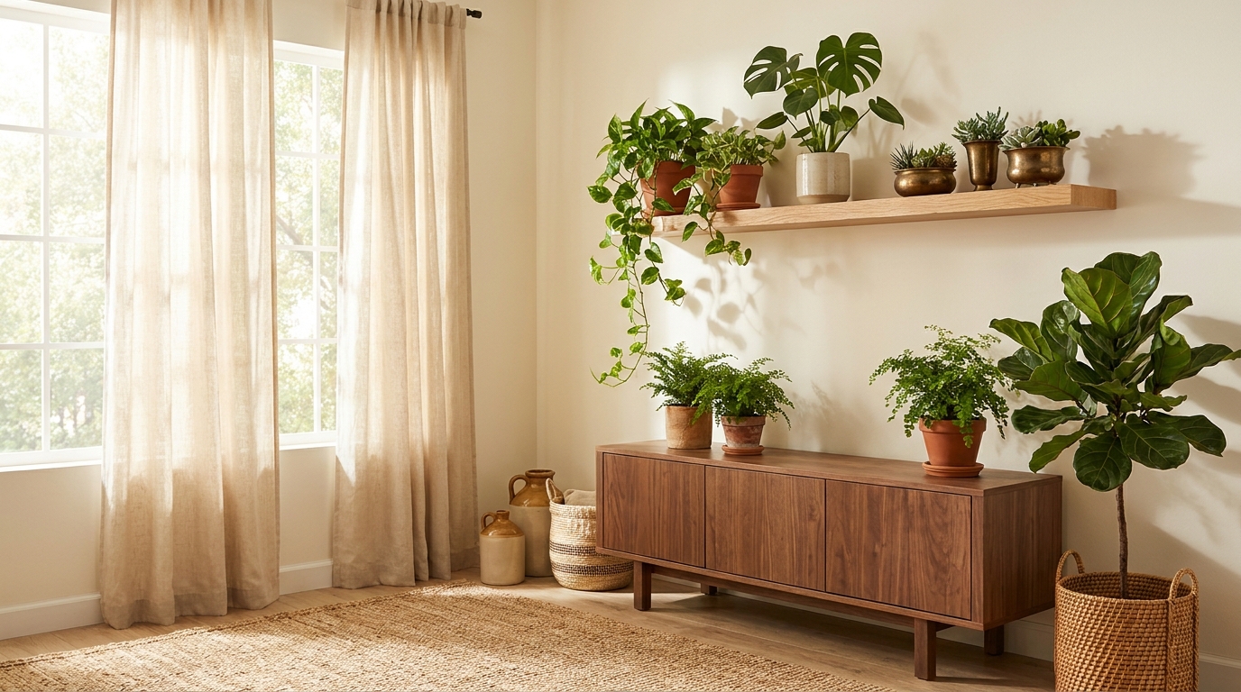 indoor plants for home decor — editorial home decor styled scene with natural daylight and renter-friendly setup