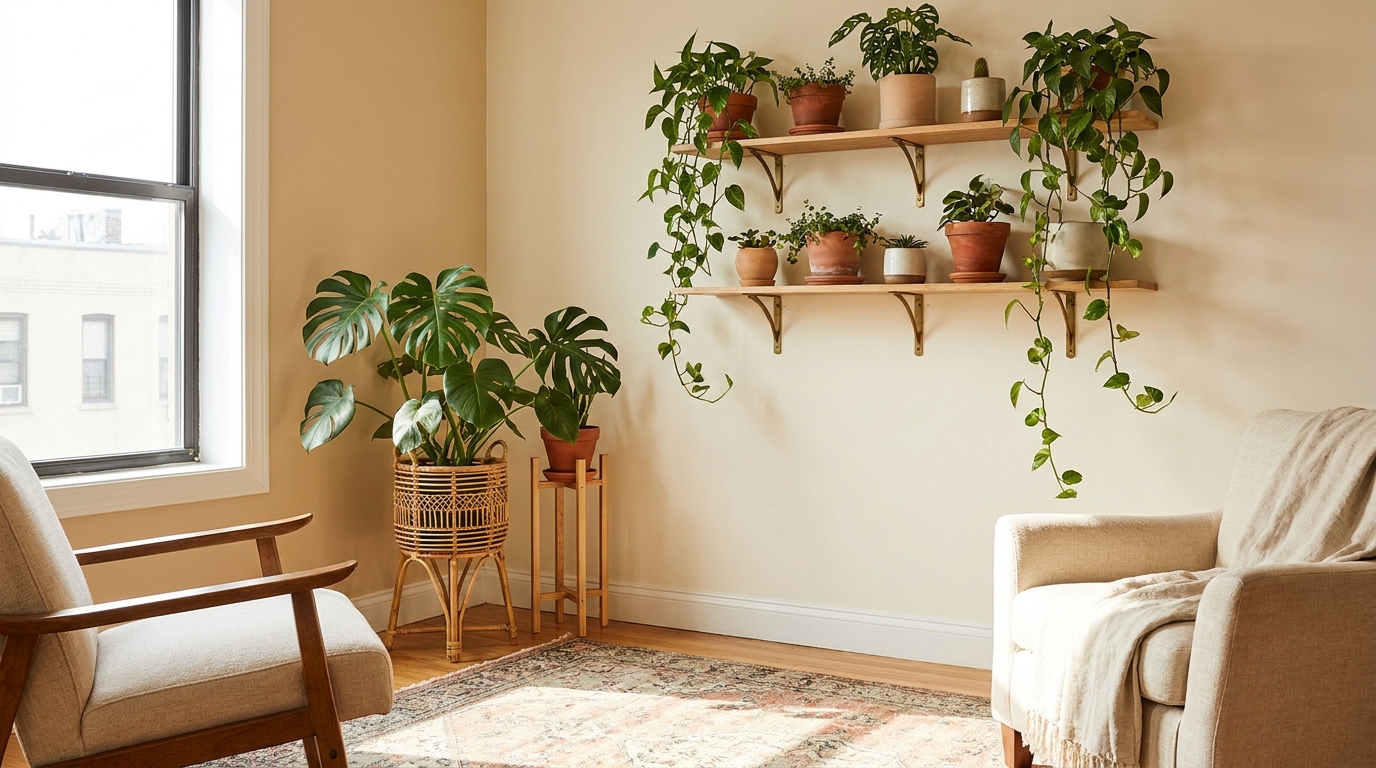 indoor plants for home decor — editorial home decor styled scene with natural daylight and renter-friendly setup