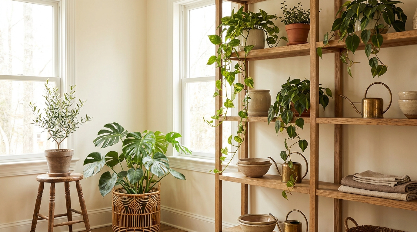 indoor plants for home decor — editorial home decor styled scene with natural daylight and renter-friendly setup