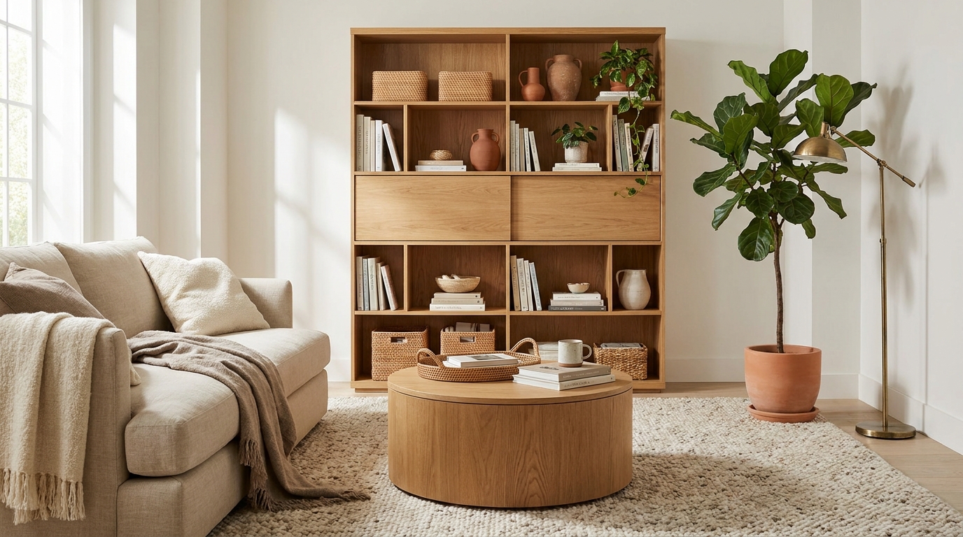 Furniture-based storage for renters - storage ottoman as coffee table and bookshelf room divider