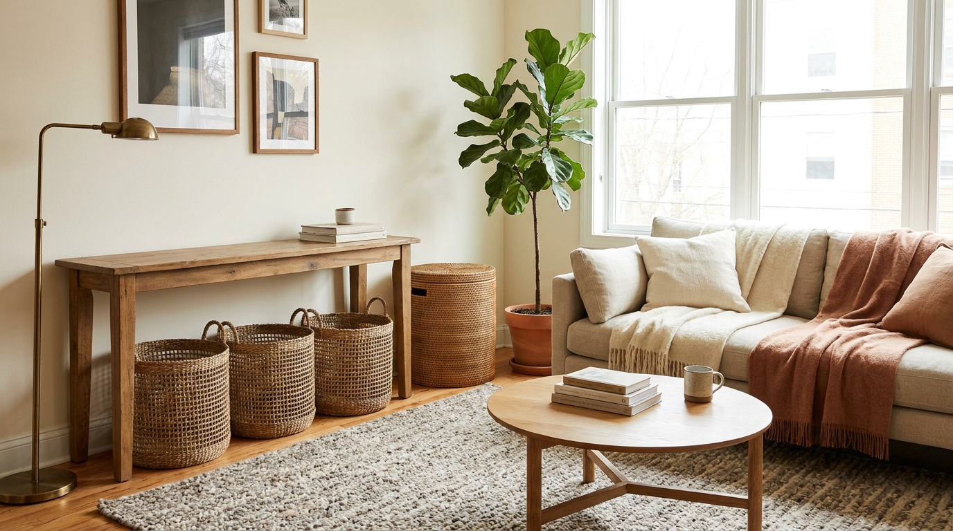 Basket and bin storage for renter living rooms - woven baskets under console and lidded rattan storage