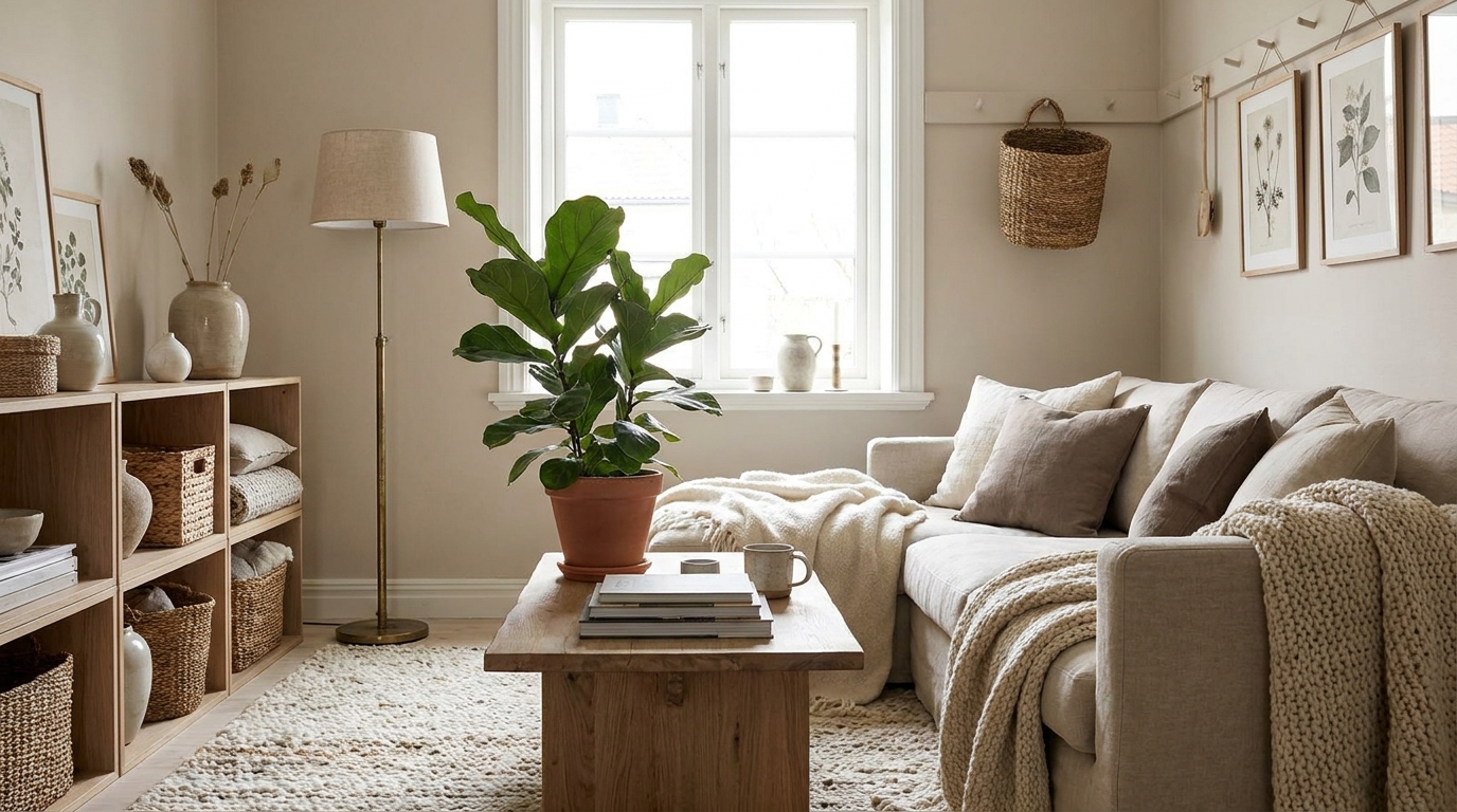 living room storage renters — editorial home decor styled scene with natural daylight and renter-friendly setup