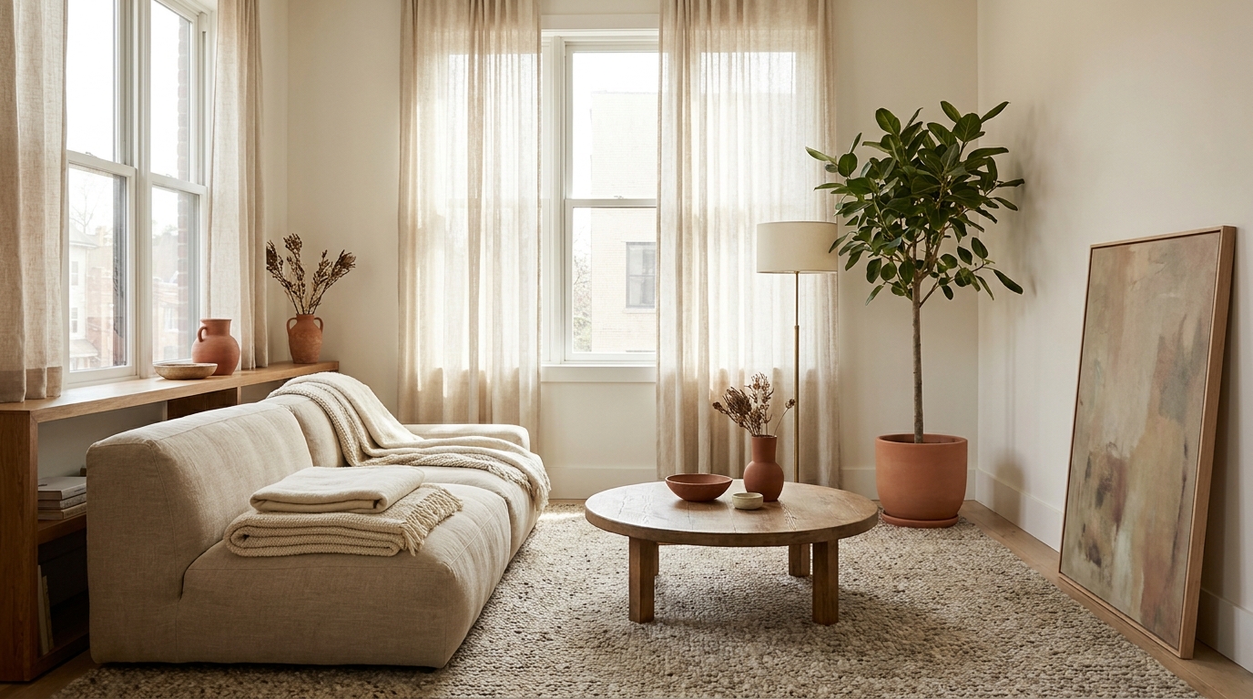 living room trends 2026 — editorial home decor styled scene with natural daylight and renter-friendly setup