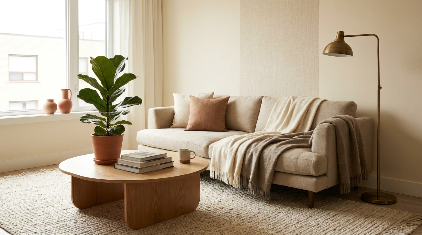 living room trends 2026 — editorial home decor styled scene with natural daylight and renter-friendly setup
