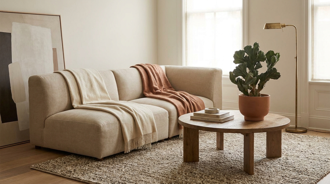 living room trends 2026 — editorial home decor styled scene with natural daylight and renter-friendly setup