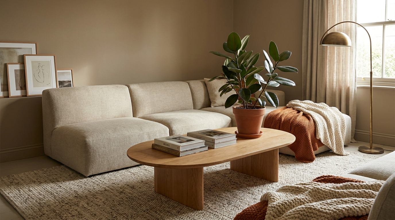 living room trends 2026 — editorial home decor styled scene with natural daylight and renter-friendly setup