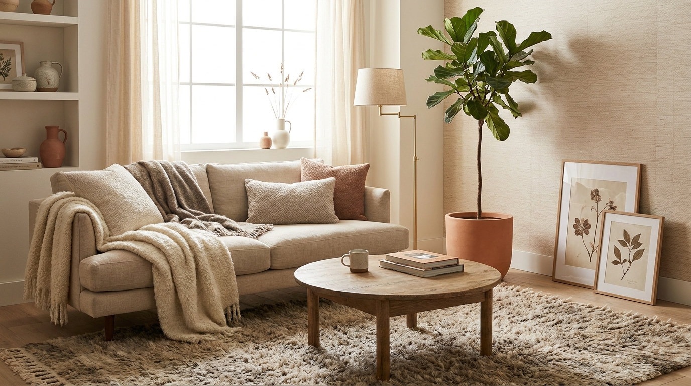 cozy living room ideas 2026 — editorial home decor styled scene with natural daylight and renter-friendly setup