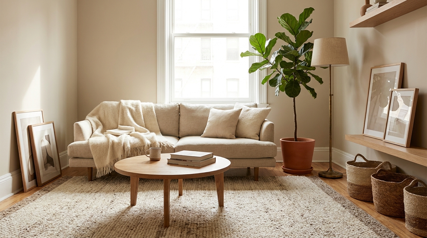 cozy living room ideas 2026 — editorial home decor styled scene with natural daylight and renter-friendly setup