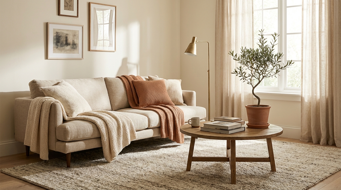 cozy living room ideas 2026 — editorial home decor styled scene with natural daylight and renter-friendly setup
