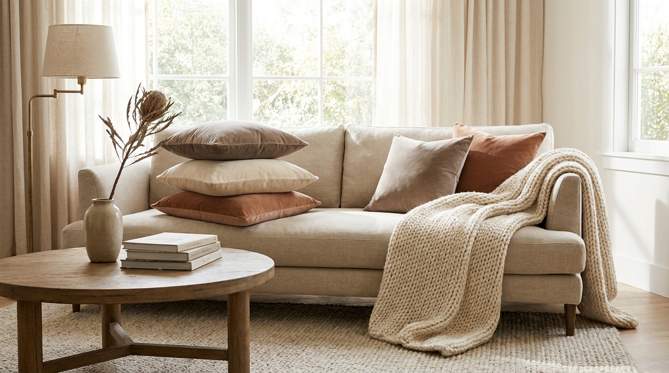 Sofa styled with layered velvet throw pillow covers and a chunky knit throw