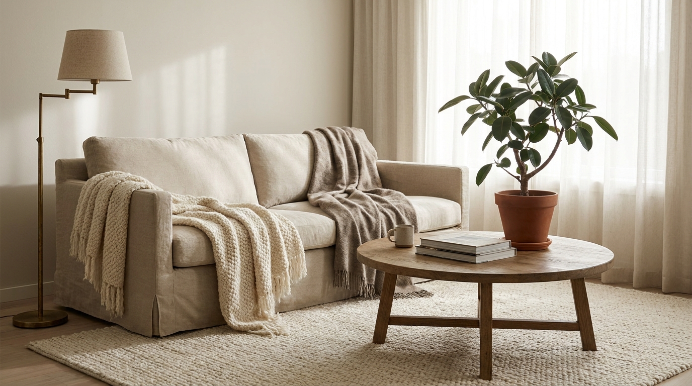 cozy living room setup — editorial home decor styled scene with natural daylight and renter-friendly setup