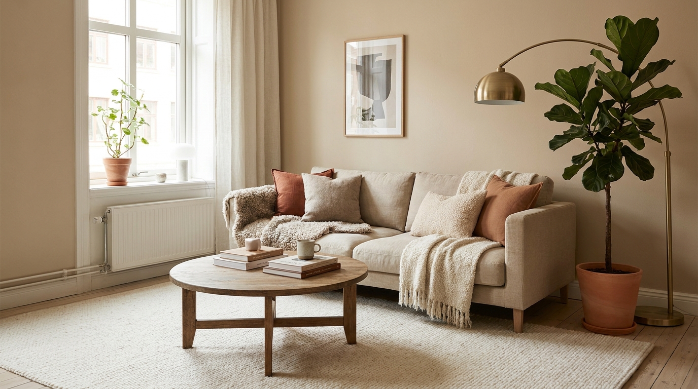 cozy living room setup — editorial home decor styled scene with natural daylight and renter-friendly setup