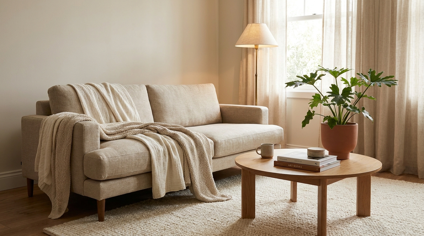cozy living room setup — editorial home decor styled scene with natural daylight and renter-friendly setup