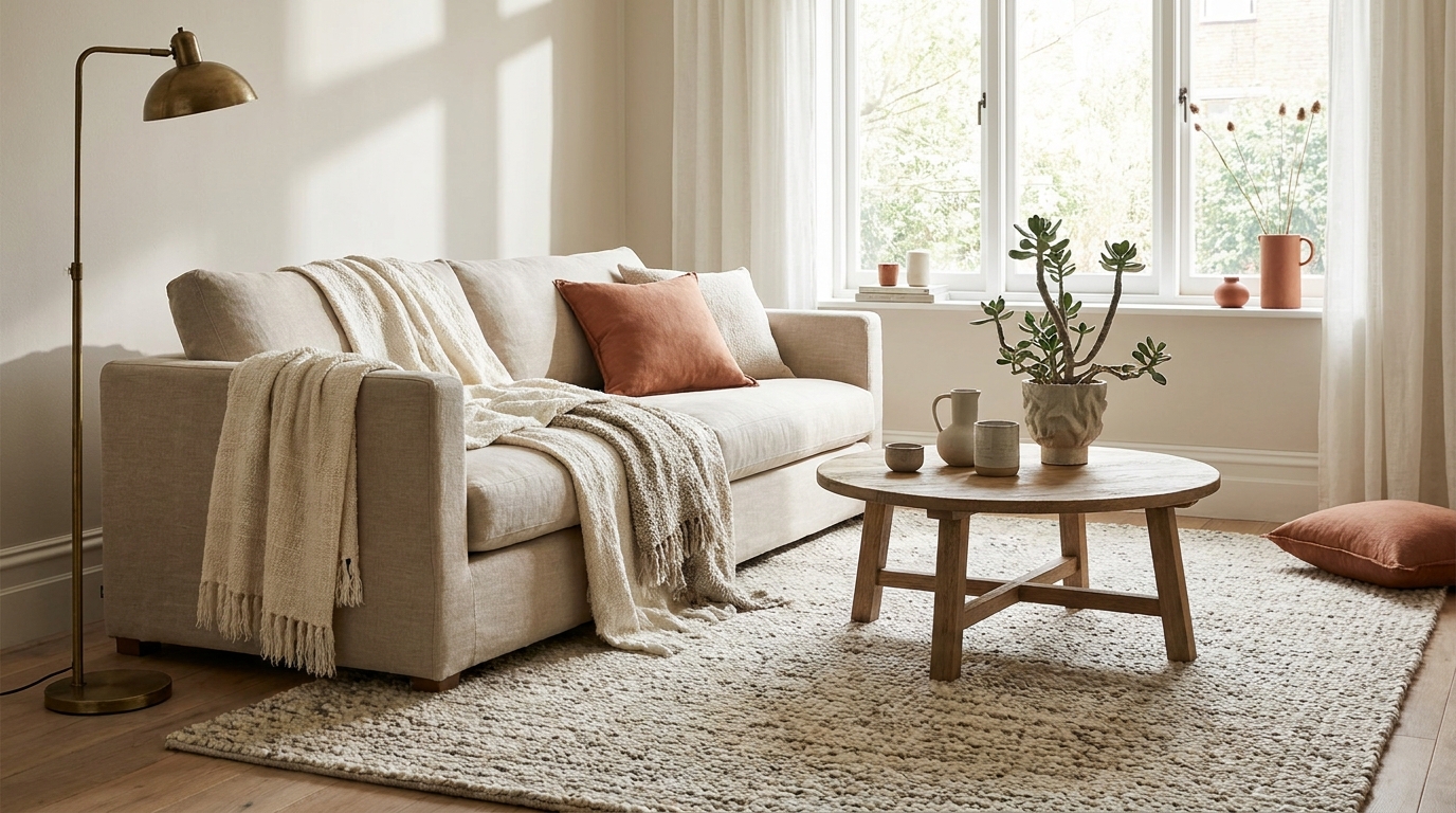 cozy living room setup — editorial home decor styled scene with natural daylight and renter-friendly setup