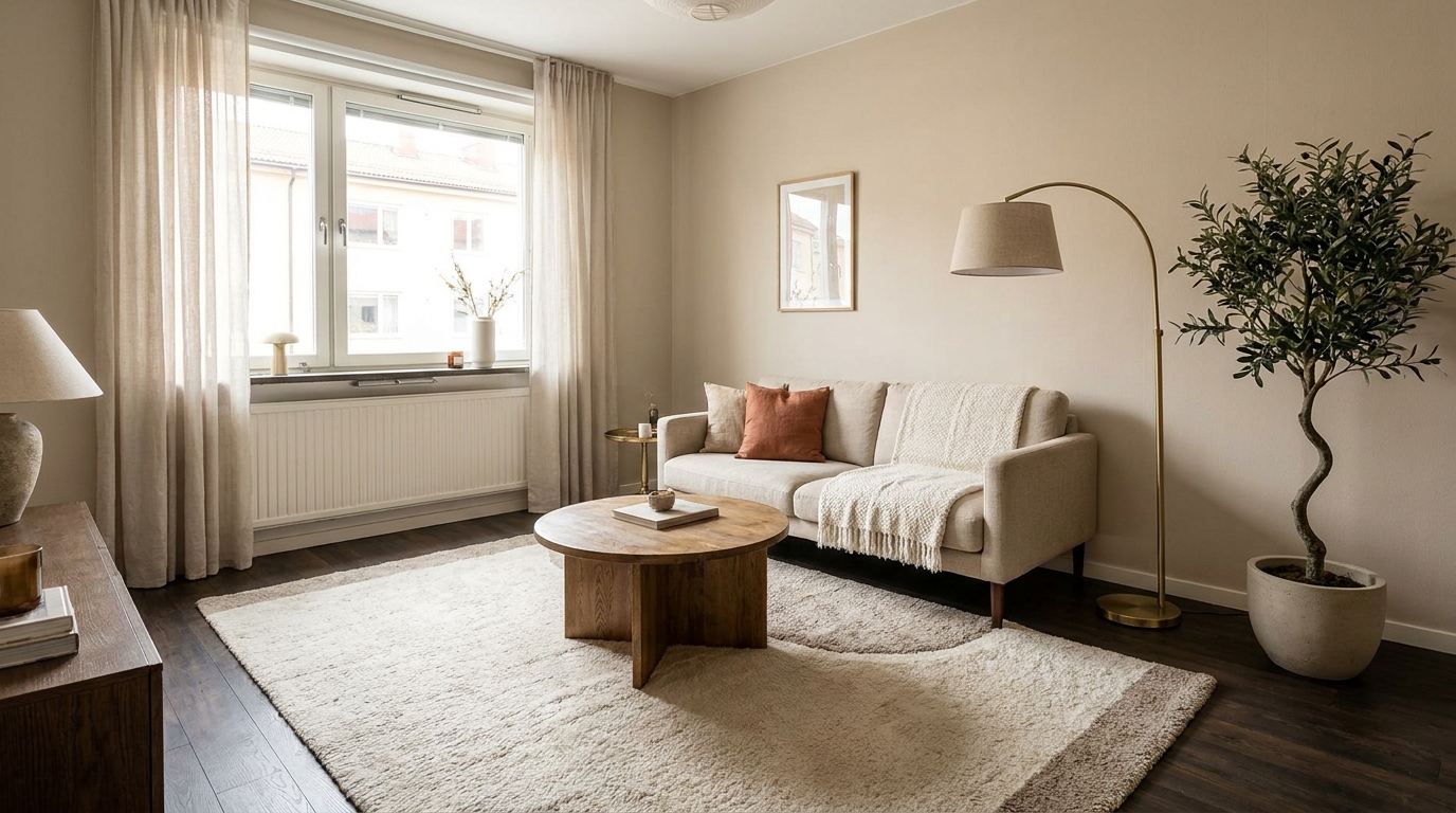 Apartment living room furniture scale comparison - compact sofa and round coffee table in 180 sq ft room